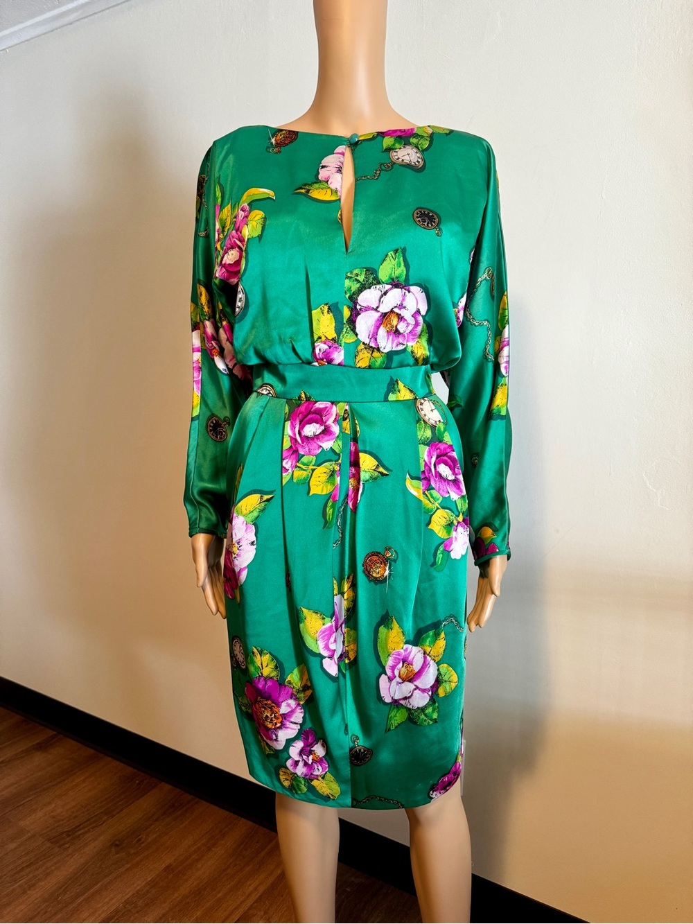 Vintage 80s A.J. Bari Emerald Green Silk Floral Long-Sleeve Dress